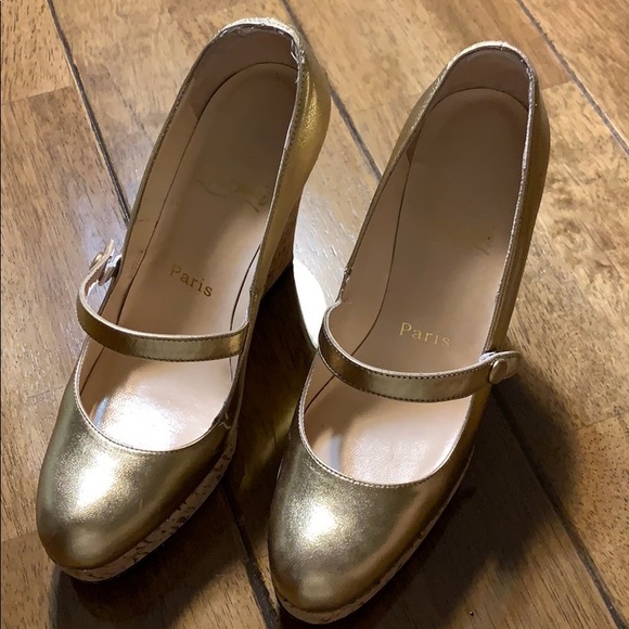Christian Louboutin Shoes - Christian Louboutin Gold Leather Mary Jane Wedge